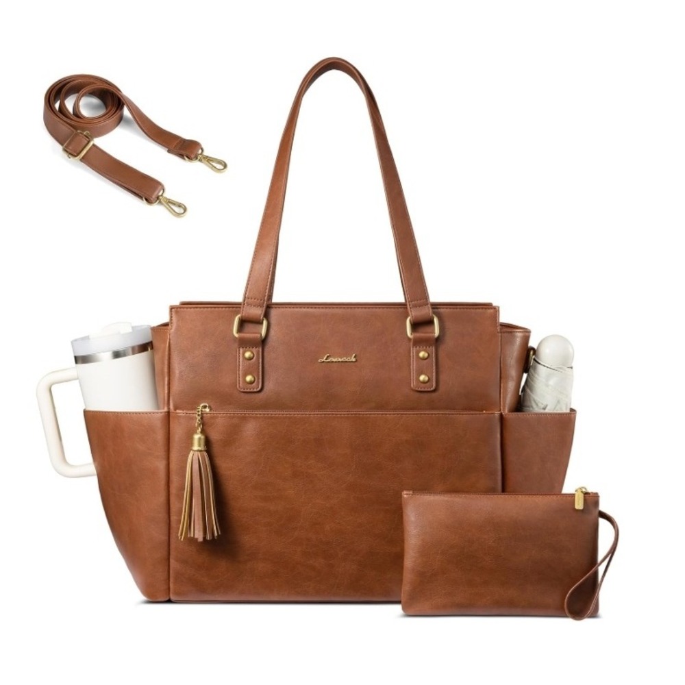 LOVEVOOK Laptop Tote Bag Brown Vegan Leather Work Bag with Clutch